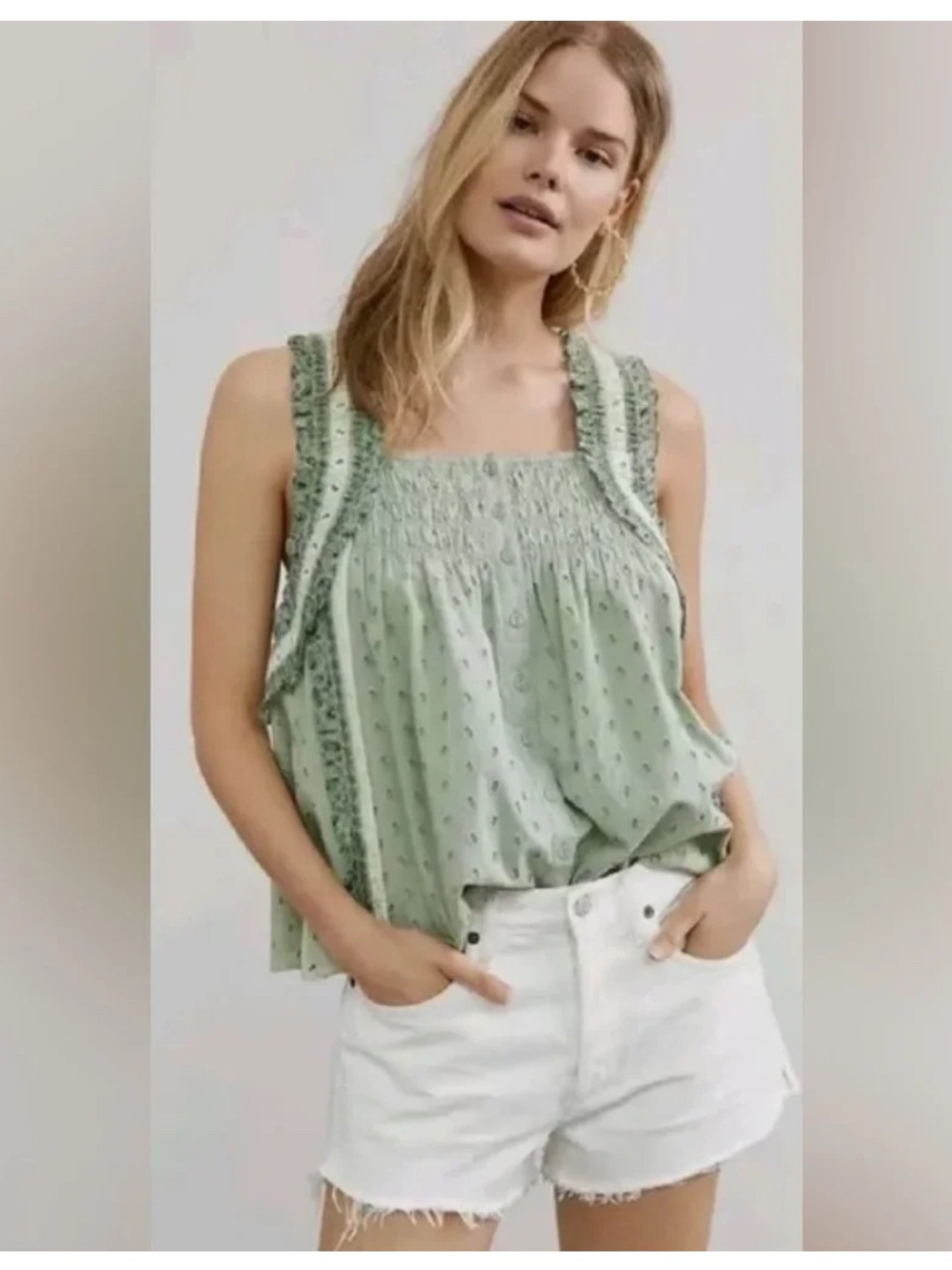 Anthropologie FOREVER THAT GIRL Effie Eyelet Tank in Sage Green Cottagecore 2X
